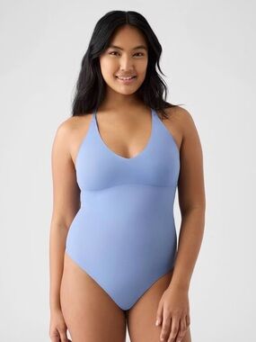 True & Co. V-Neck Seamless Bodysuit in Light Blue